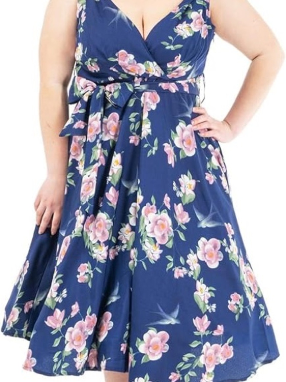 Miss Lavish London Navy Floral Dress with Pink Blossoms (missing belt)